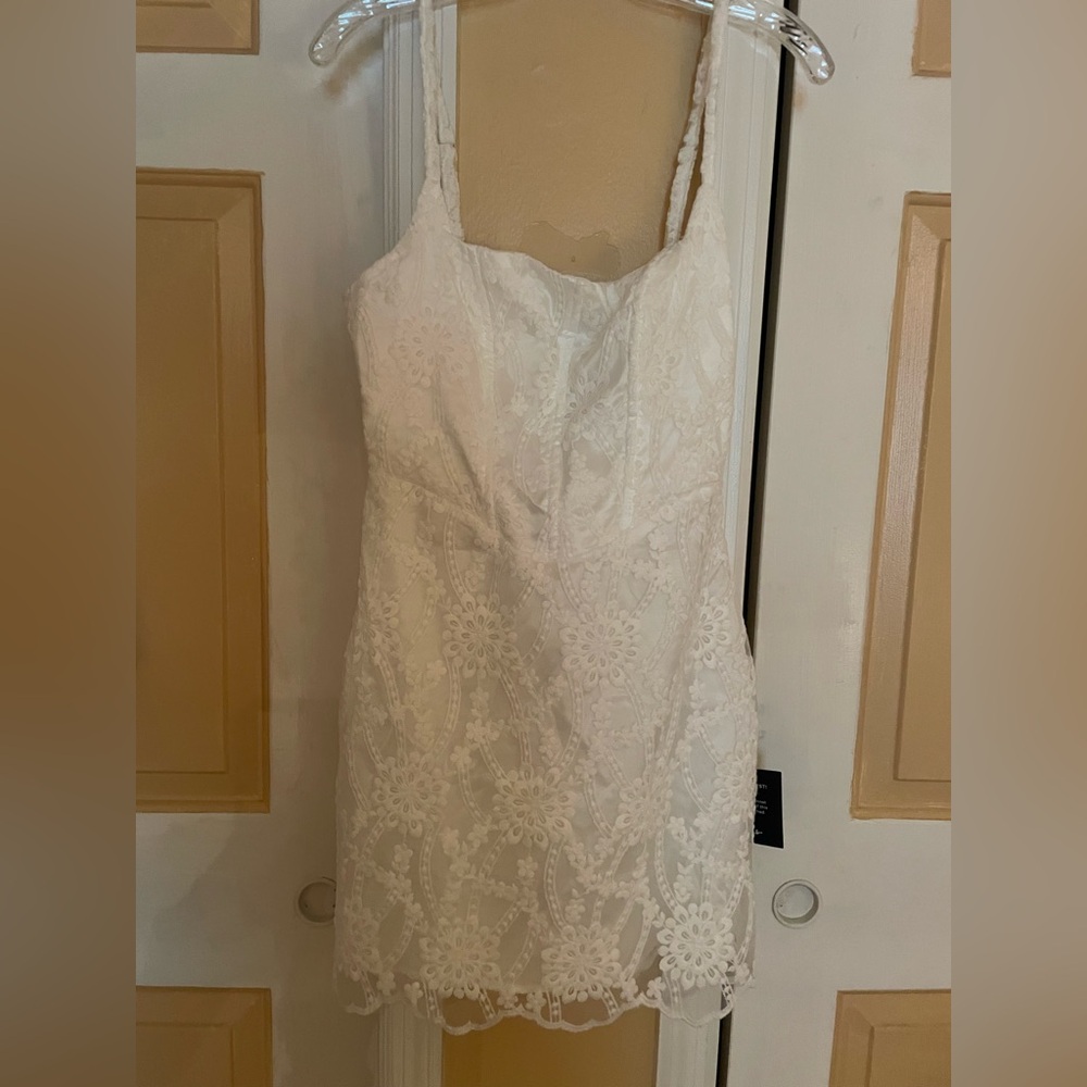 Lulu's White Lace over Satin Mini Dress